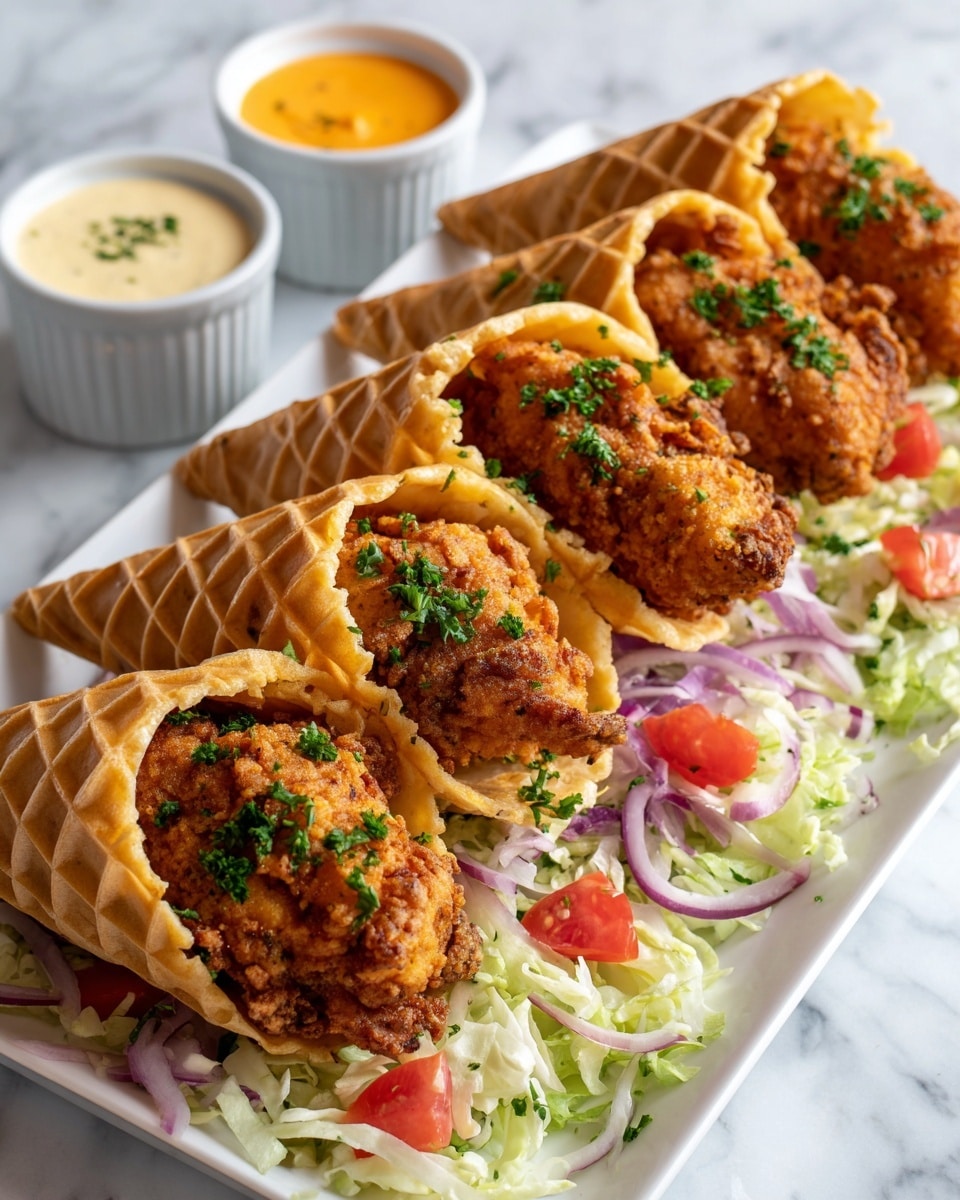 The image shows five golden brown fried chicken pieces wrapped in waffle shells shaped like cones, arranged side by side on a white plate. The waffle shells have a crisp texture with a warm, toasted color, and green parsley sprinkled on top. This is placed over a bed of shredded lettuce mixed with diced red tomatoes and thin slices of red onion. Behind the chicken waffle cones, there are two small white bowls filled with orange and creamy white dipping sauces. The entire setup sits on a white marbled surface, giving a clean and bright background. photo taken with an iphone --ar 4:5 --v 7