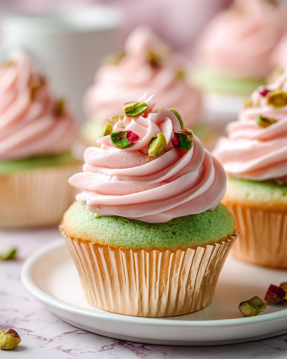 A close-up of a green cupcake with a light gold paper wrapper set on a white plate, placed on a white marbled surface. The cupcake has three main layers, starting with a light green cake base that looks soft and moist. On top, there is a thick swirl of pink frosting with a smooth, creamy texture. The frosting is decorated with small green nuts and a tiny piece of red fruit. In the blurred background, more cupcakes with the same design can be seen, creating depth in the image. photo taken with an iphone --ar 4:5 --v 7