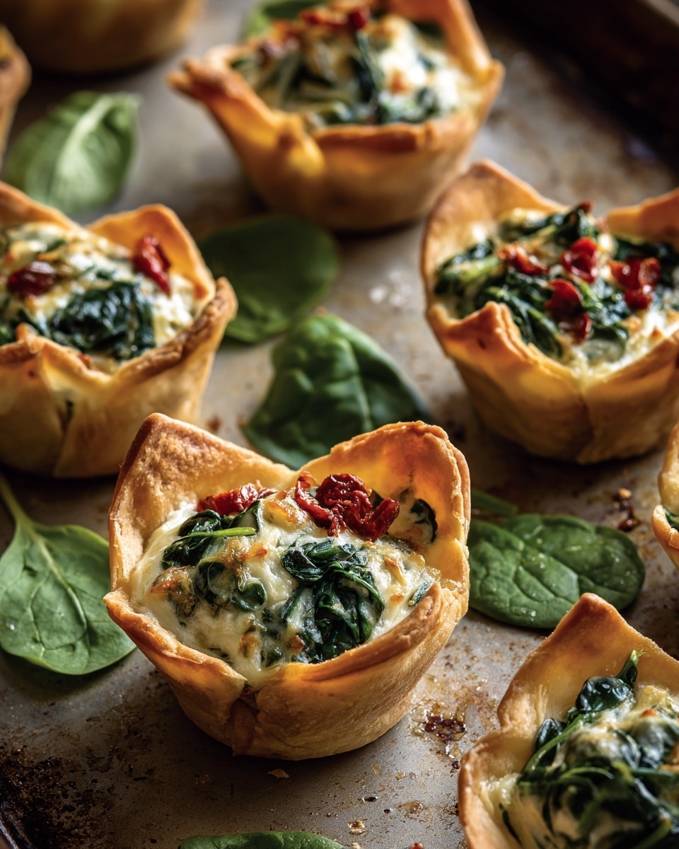 The image shows several small tart cups made with golden-brown, crispy pastry shells that are slightly folded at the edges, forming delicate, open cups. Inside each cup is a creamy filling mixed with soft, wilted spinach leaves and small bits of red, possibly sun-dried tomatoes or peppers, giving a contrast of green and red colors in the creamy white base. The tarts are placed on a baking sheet with some fresh green spinach leaves scattered around. The overall look is warm and inviting with the contrast of crispy edges and smooth filling. photo taken with an iphone --ar 4:5 --v 7
