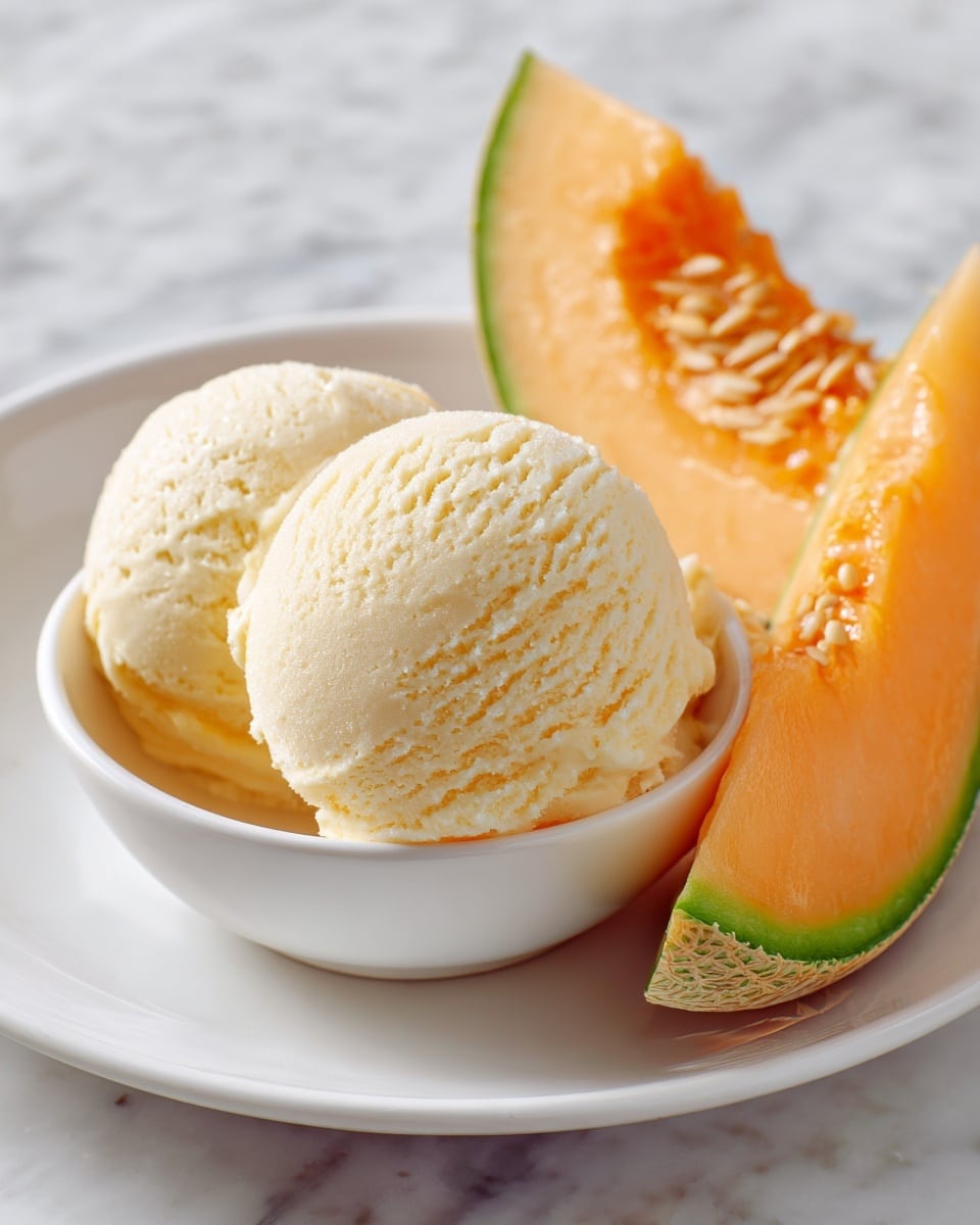 The image shows two round scoops of creamy pale yellow ice cream placed inside a small white bowl, which sits on a larger white dish. Next to the bowl, resting on the larger plate, is a long, thin wedge of orange cantaloupe with its green rind visible. The background is a white marbled surface, and a silver spoon is partially inserted into the ice cream. A halved cantaloupe with orange flesh and seeds is visible nearby. Photo taken with an iphone --ar 4:5 --v 7