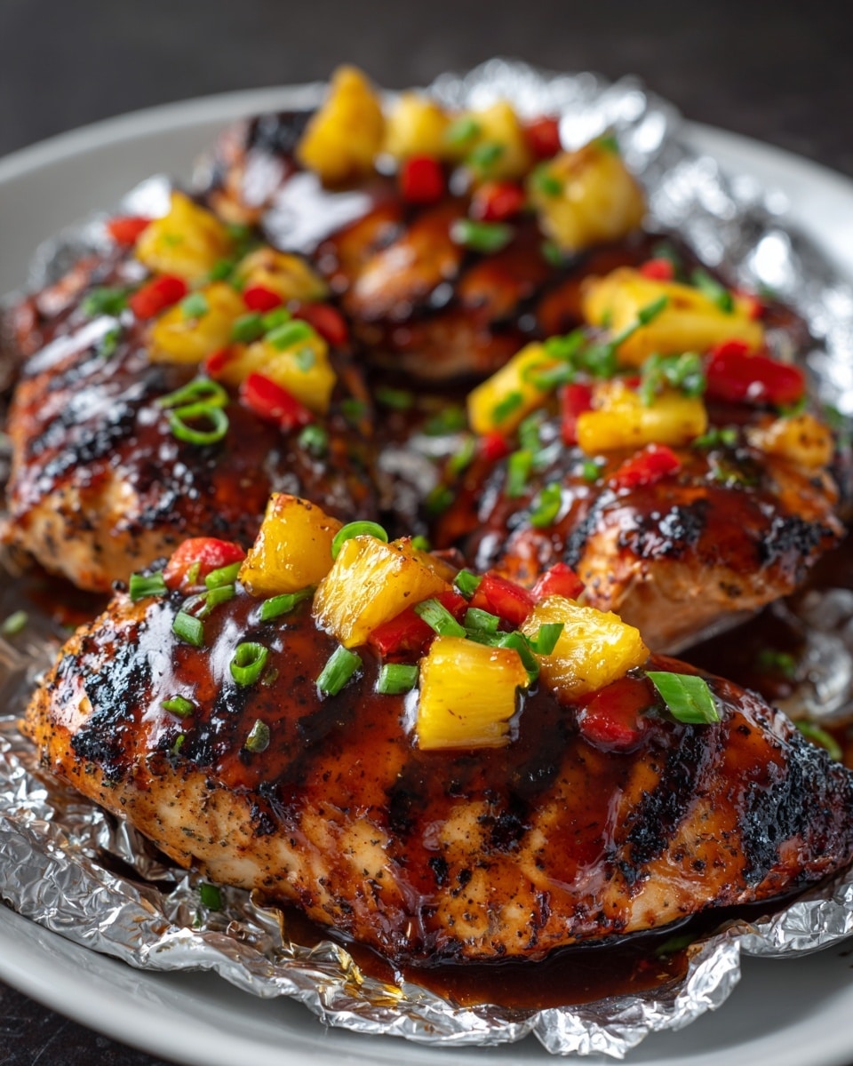 The image shows four grilled chicken breasts placed on crumpled silver foil, which sits on a white plate. Each chicken breast is covered with glossy, dark brown sauce, giving them a shiny and moist look. On top of the chicken, there are bright yellow pineapple chunks, small red bell pepper pieces, and chopped green onions scattered evenly. The chicken has visible grill marks, adding texture to its golden-brown surface. The white marbled background contrasts softly with the plate and the vibrant colors of the food. photo taken with an iphone --ar 4:5 --v 7