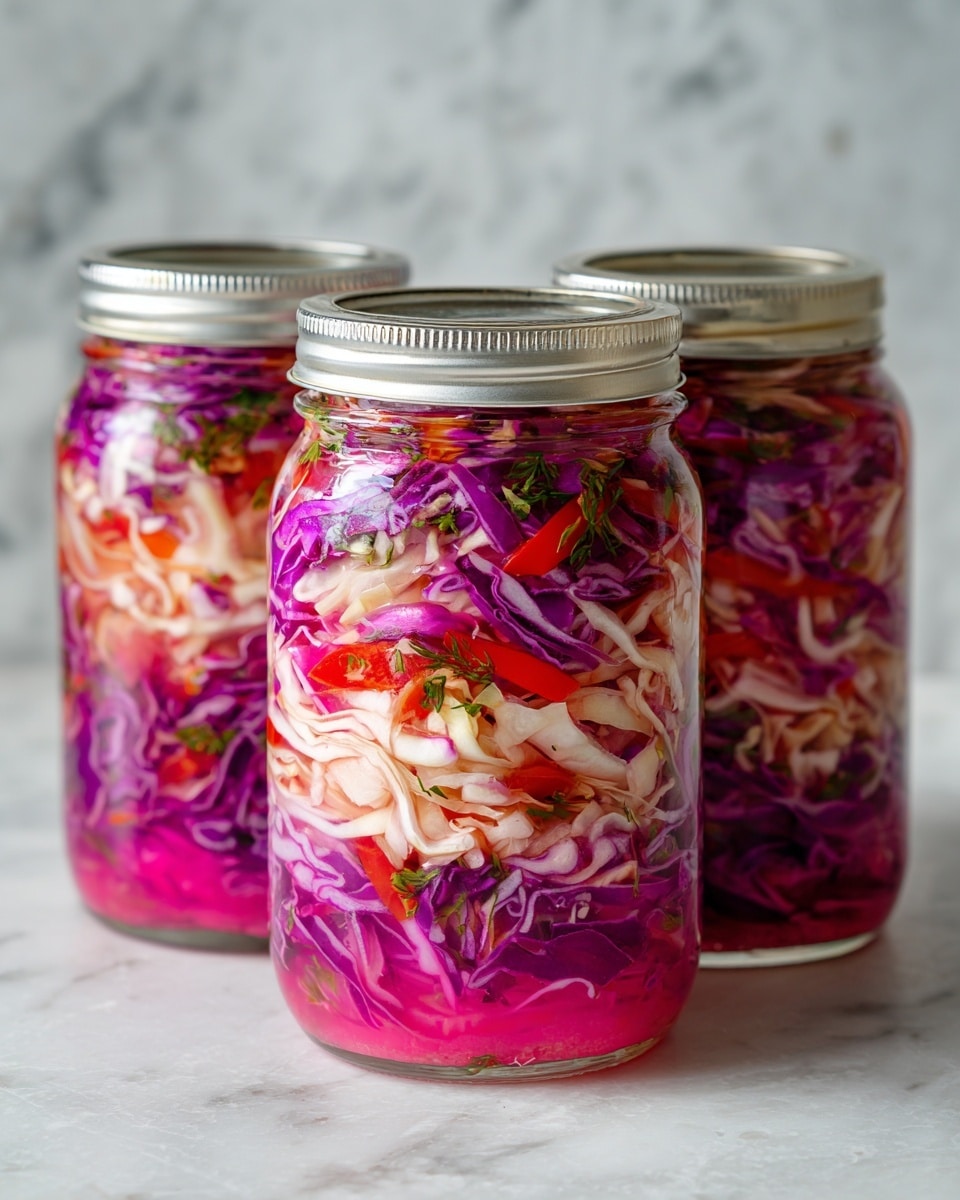 The image shows clear glass jars filled with colorful pickled vegetables, mostly shredded purple and white cabbage, mixed with bright red and orange peppers, and some green bits, creating a vibrant, layered look. The jars have silver metal lids and are placed on a wooden surface that contrasts with the bright colors inside. The textures inside are crunchy and fresh, with thin, curly cabbage layers and small pieces of other vegetables spread evenly throughout. Photo taken with an iphone --ar 4:5 --v 7
