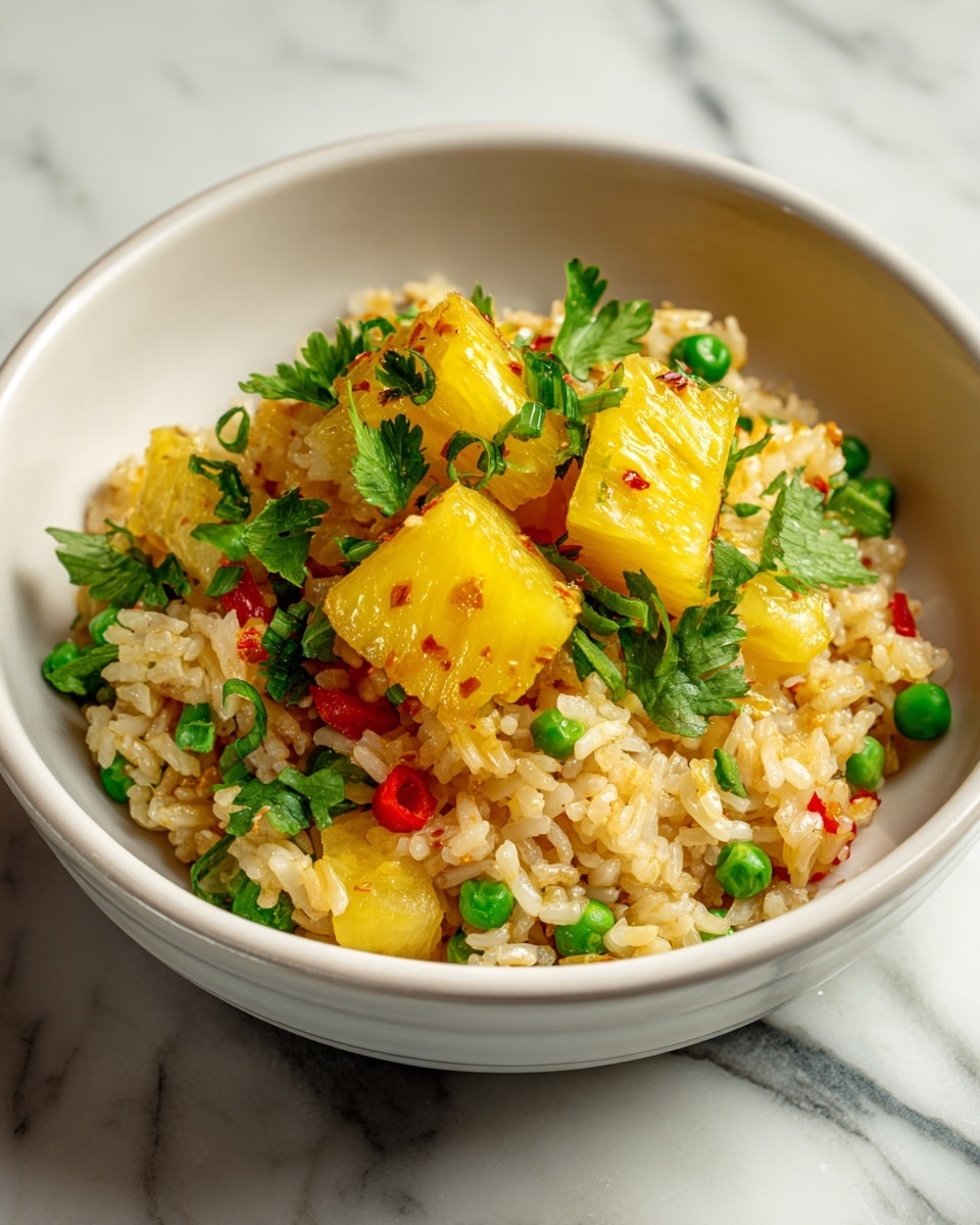 A close-up view of a bowl filled with fried rice, where the base layer consists of golden-brown cooked rice mixed with visible small pieces of red bell pepper and green peas scattered throughout. On top, bright yellow pineapple chunks are placed evenly, adding a fresh pop of color. Fresh green cilantro leaves are sprinkled over the dish, providing a vibrant green contrast to the rice. The bowl is white and round, and it sits on a white marbled surface with a piece of dark blue cloth partially visible underneath. photo taken with an iphone --ar 4:5 --v 7