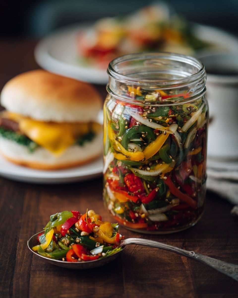A clear glass jar filled with colorful pickled vegetables including bright red, yellow, and green peppers, along with translucent white onion slices mixed with mustard seeds and black peppercorns. The vegetables are finely chopped and packed tightly inside the jar, showing a mix of small, vibrant pieces throughout. In front of the jar is a silver spoon holding a small serving of the same pickled vegetables. The jar is set on a dark wooden surface with blurred backgrounds showing a white bun sandwich with melted cheese and a white plate with food. The whole scene is warm and inviting with a focus on the textured vegetables in the jar. Photo taken with an iphone --ar 4:5 --v 7