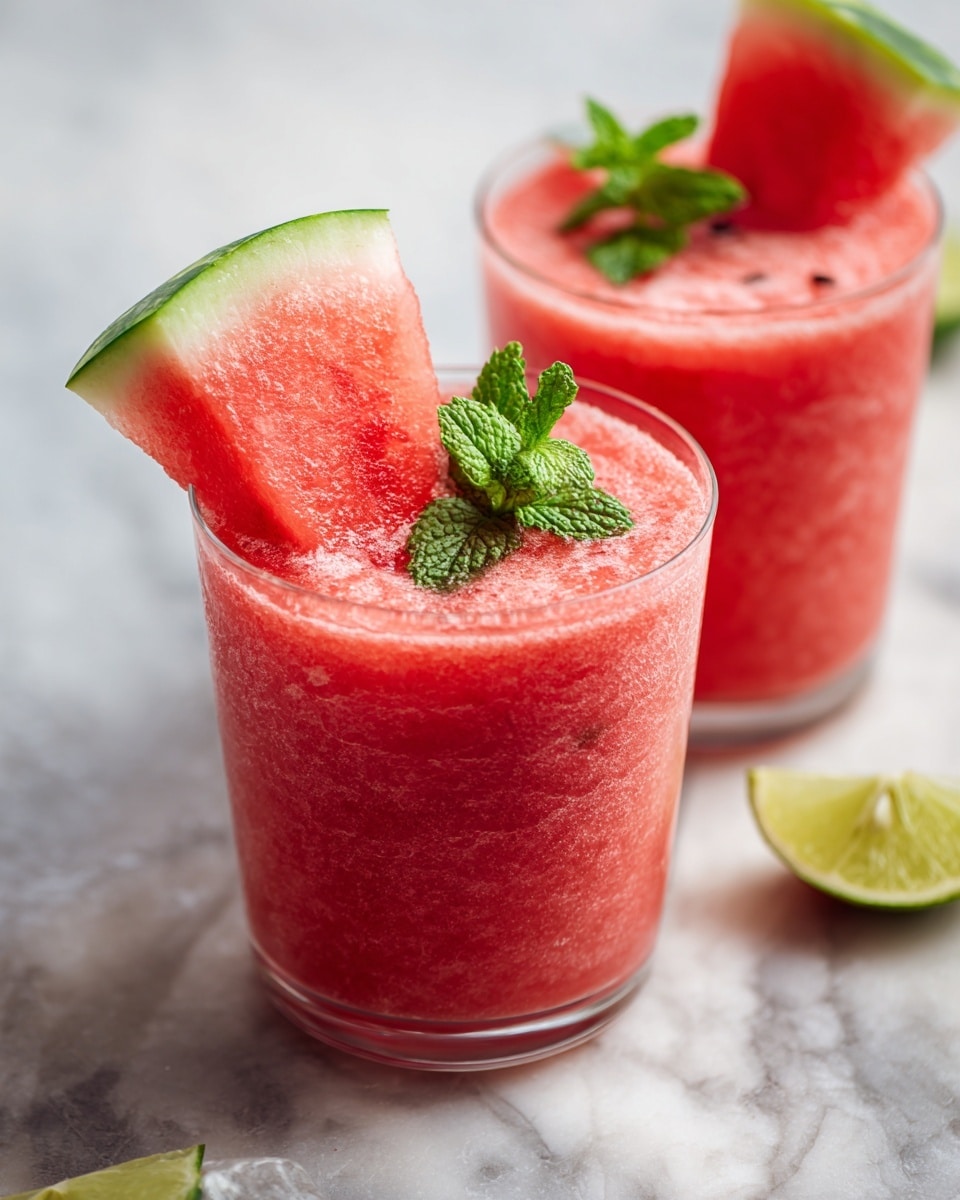 Two clear glass jars are filled with a smooth pink watermelon smoothie, topped with triangular slices of fresh watermelon placed at the rims. Bright green mint leaves are tucked beside the watermelon slices as a fresh garnish. The jars are placed on a table with a white marbled texture background, with a partly visible lime wedge nearby. The overall look is fresh and summery, showing the coolness and texture of the smoothie clearly. photo taken with an iphone --ar 4:5 --v 7