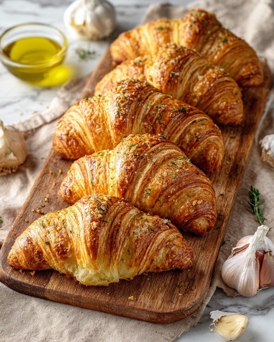 A wooden board on a white marbled surface holds seven golden-brown croissants, each covered in a sprinkle of herbs and small bits of grated cheese. The croissants show many flaky layers with a glossy, crisp outer crust. At the back of the board, a beige cloth napkin is partially visible, and behind it there is a whole head of garlic and one garlic clove. To the front left side of the board is a small clear glass bowl filled with a light yellow liquid, likely olive oil. Small green herb leaves are scattered around on the marbled surface. photo taken with an iphone --ar 4:5 --v 7