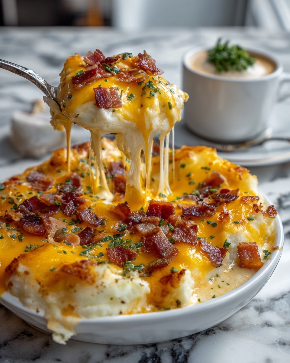 The image shows a close-up of a white bowl filled with baked cheesy chicken topped with crispy bacon bits and chopped green herbs. The dish has a golden brown crust of melted cheese with a gooey white cheese layer underneath, stretching as a spoon lifts one piece out. The crispy bacon pieces sit on top, adding a rich red and brown color and a crunchy texture. The white bowl is placed on a white marbled surface, and in the blurred background there is a white cup with green contents. Photo taken with an iphone --ar 4:5 --v 7
