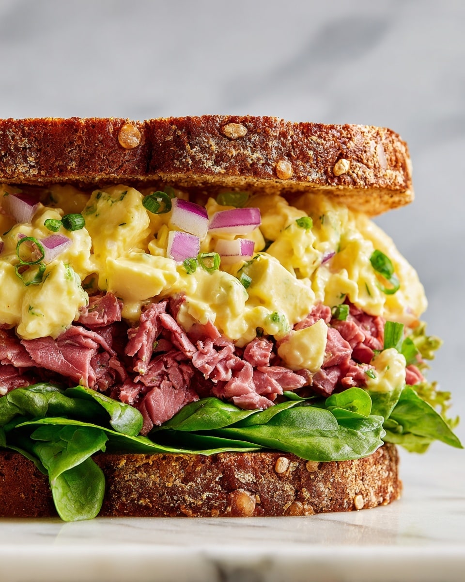 A close-up of a thick sandwich on a white marbled surface, showing three layers: the bottom layer is bright green leafy lettuce, the middle layer is a heaping pile of shredded pinkish-red meat, and the top layer is a creamy yellow egg salad mixed with small purple onion slices; the sandwich is held together by two slices of thick, toasted brown bread with a rough textured crust. Photo taken with an iphone --ar 4:5 --v 7