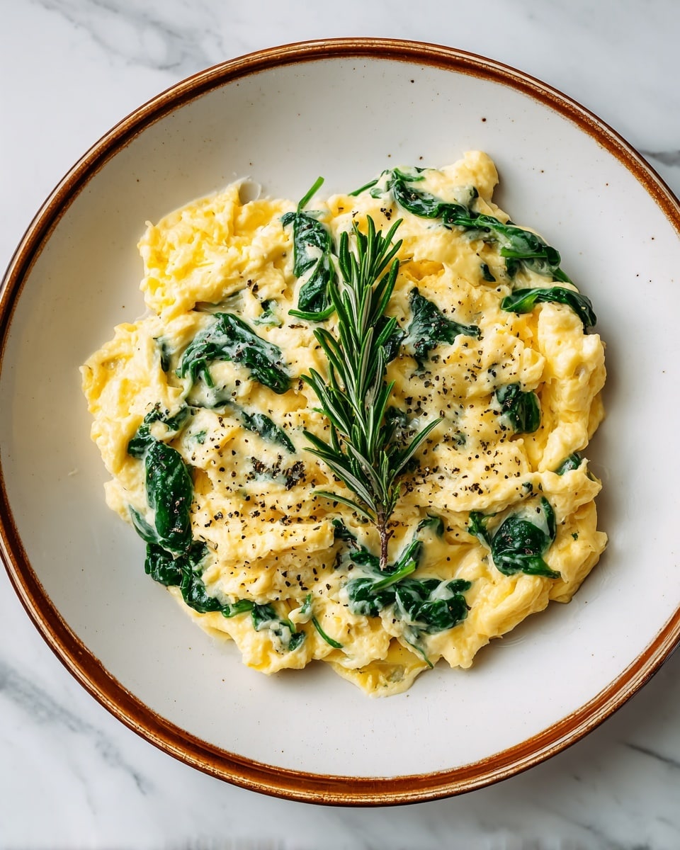 The dish shows fluffy scrambled eggs layered with bright green cooked spinach, spread unevenly on a round white plate with brown edges. The eggs have soft, slightly glossy textures with small curds, mixed with wilted spinach leaves that add a fresh, leafy contrast. A few small pieces of green herbs rest on top, giving a touch of freshness and color. The plate sits on a white marbled surface with soft lighting that highlights the creamy, rich texture of the eggs and the vibrant green of the spinach. Photo taken with an iphone --ar 4:5 --v 7