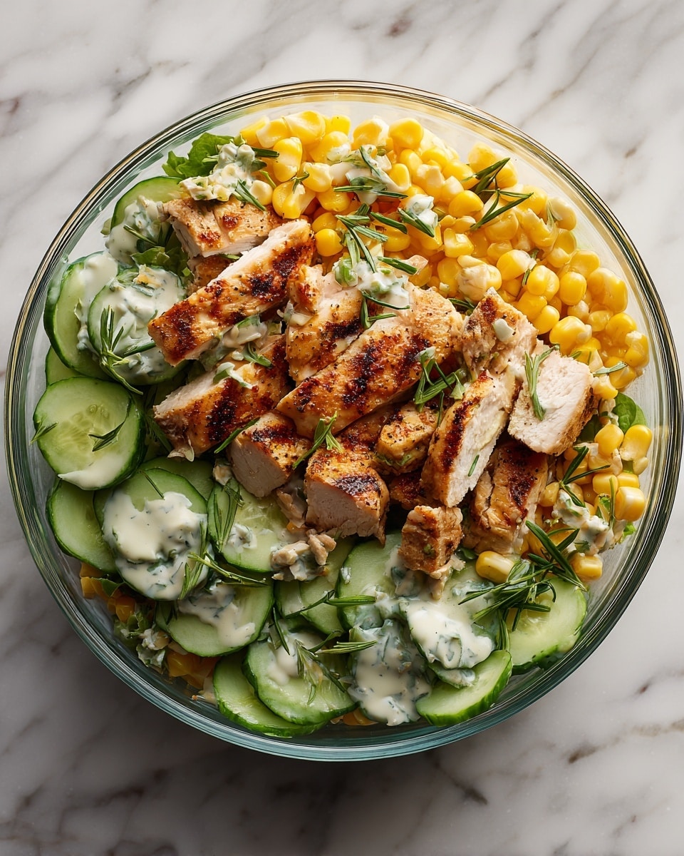 A clear glass bowl filled with a creamy salad showing three main layers: the bottom layer has fresh green cucumber slices cut thick, the middle layer contains bright yellow corn kernels, and the top layer has grilled chicken pieces that are golden brown with slight char marks. The salad is lightly coated with a creamy dressing, and small bits of fresh green herbs are sprinkled all over. The bowl sits on a white marbled surface. photo taken with an iphone --ar 4:5 --v 7