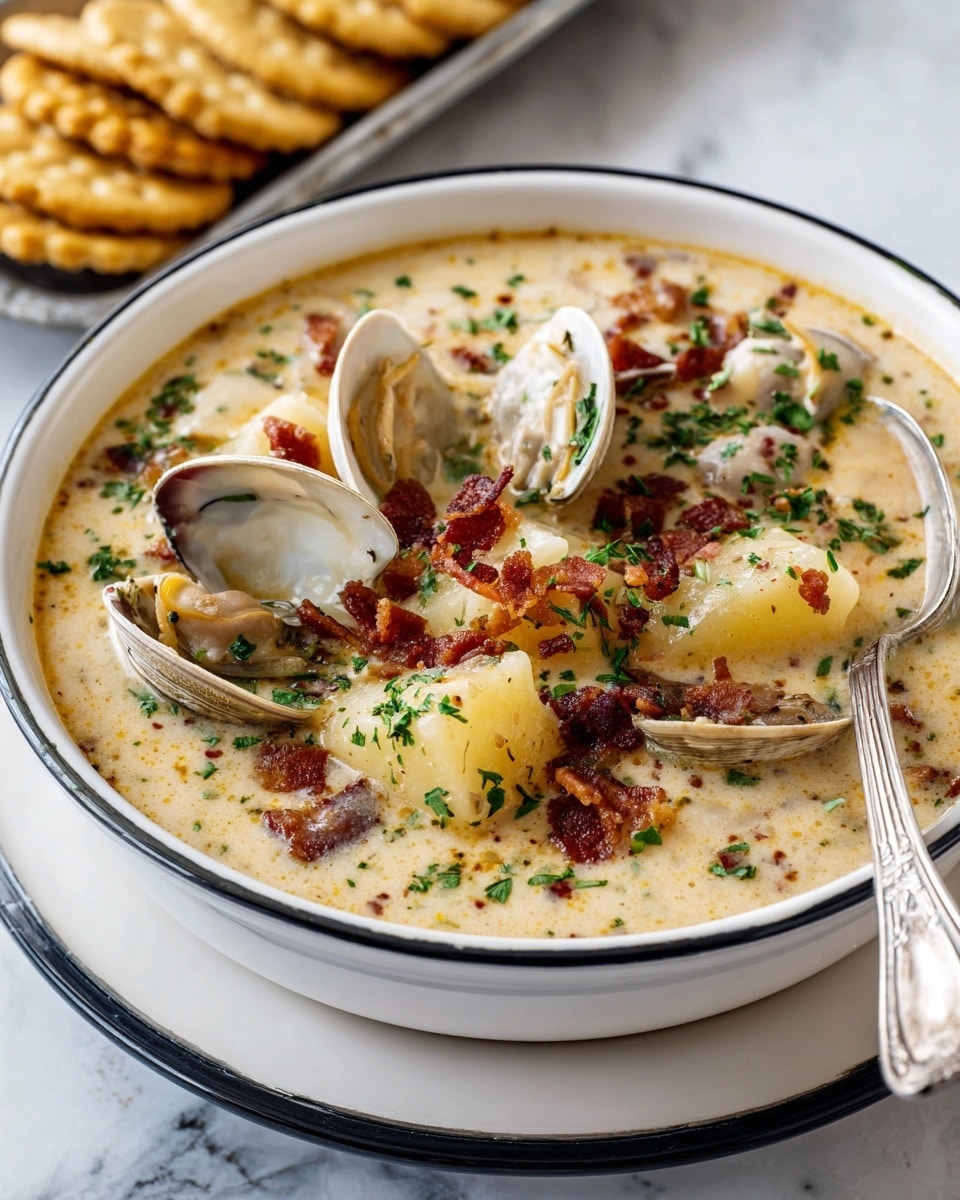 A white soup bowl with a black rim is filled with creamy clam chowder that has a thick, beige base. Large chunks of pale yellow potatoes float on top along with several open clam shells showing beige clam meat inside. The chowder is sprinkled with small, crispy dark brown bacon bits and finely chopped bright green parsley, adding texture and color contrast. A silver spoon is resting inside the bowl on the right side. Behind the bowl, a tray of round golden crackers is slightly visible on a white marbled surface. photo taken with an iphone --ar 4:5 --v 7