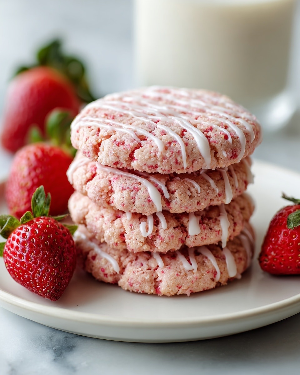 The image shows a stack of four round, slightly thick cookies on a white plate. Each cookie is pale pink with small red speckles and has a rough, crumbly texture. All cookies are drizzled with a shiny white icing in thin, irregular lines across the top surface. The plate sits on a white marbled background, and around the cookies are fresh bright red strawberries with green leaves. In the blurred distance, a white tall glass is also visible, suggesting the cookies are ready for snack time. Photo taken with an iphone --ar 4:5 --v 7