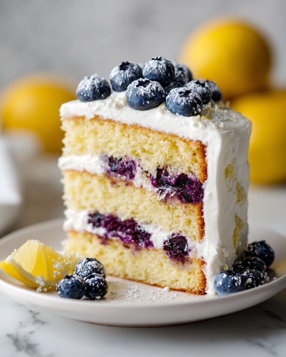 A slice of three-layered cake sits on a white plate, each layer showing light yellow sponge cake with dark purple blueberries inside. Between each cake layer is a thick white frosting that looks smooth and creamy. The top layer is covered fully with the same white frosting and topped with fresh blueberries dusted lightly with white powder. On the plate next to the cake slice are a few blueberries and a small piece of lemon with some white sprinkles on top. The background shows whole lemons blurred softly behind the cake, and the plate is placed on a white marbled texture. Photo taken with an iphone --ar 4:5 --v 7