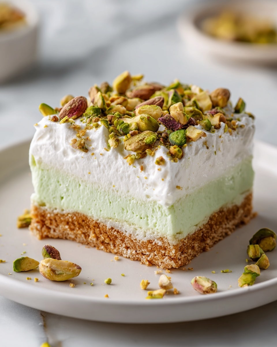 A square slice of dessert with three visible layers sits on a white plate on a white marbled surface. The bottom layer is crumbly and light brown, resembling a cookie or graham cracker crust. The middle layer is smooth and light green, creamy in texture. The top layer is thick and fluffy, pure white and airy, topped generously with chopped green pistachio nuts scattered over it. Small bits of pistachio also lie around the dessert on the plate. photo taken with an iphone --ar 4:5 --v 7