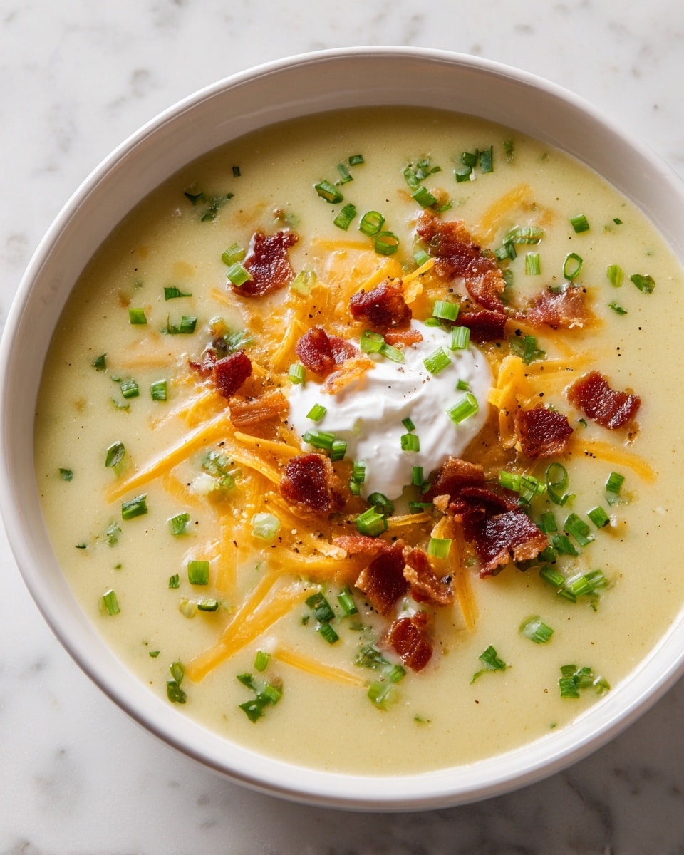 A bowl of creamy soup fills a white bowl sitting on a white marbled surface. The thick soup base is pale yellow with a smooth texture, topped with finely chopped green onions scattered across the surface. On top of the green onions, there are orange shredded cheese and small pieces of crispy bacon adding a reddish-brown color. In the center, there is a swirl of sour cream, creating a white dollop that contrasts with the other colors. Steam rises from the bowl, showing the soup is hot and fresh. Photo taken with an iphone --ar 4:5 --v 7