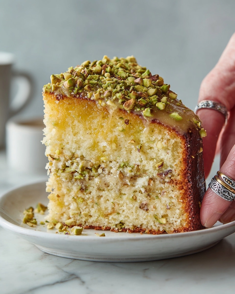 The image shows a slice of flourless lemon pistachio cake standing upright on a white plate, placed on a white marbled surface. The cake has two main layers: the top layer is golden yellow with a glossy texture and sprinkled generously with crushed green pistachios. The larger bottom layer is denser, pale yellow with visible tiny pistachio bits throughout, giving it a nutty texture. The outer edge of the cake is slightly darker brown, indicating a caramelized crust. A woman's hand with a decorative silver ring is lightly holding the side of the plate. Photo taken with an iphone --ar 4:5 --v 7