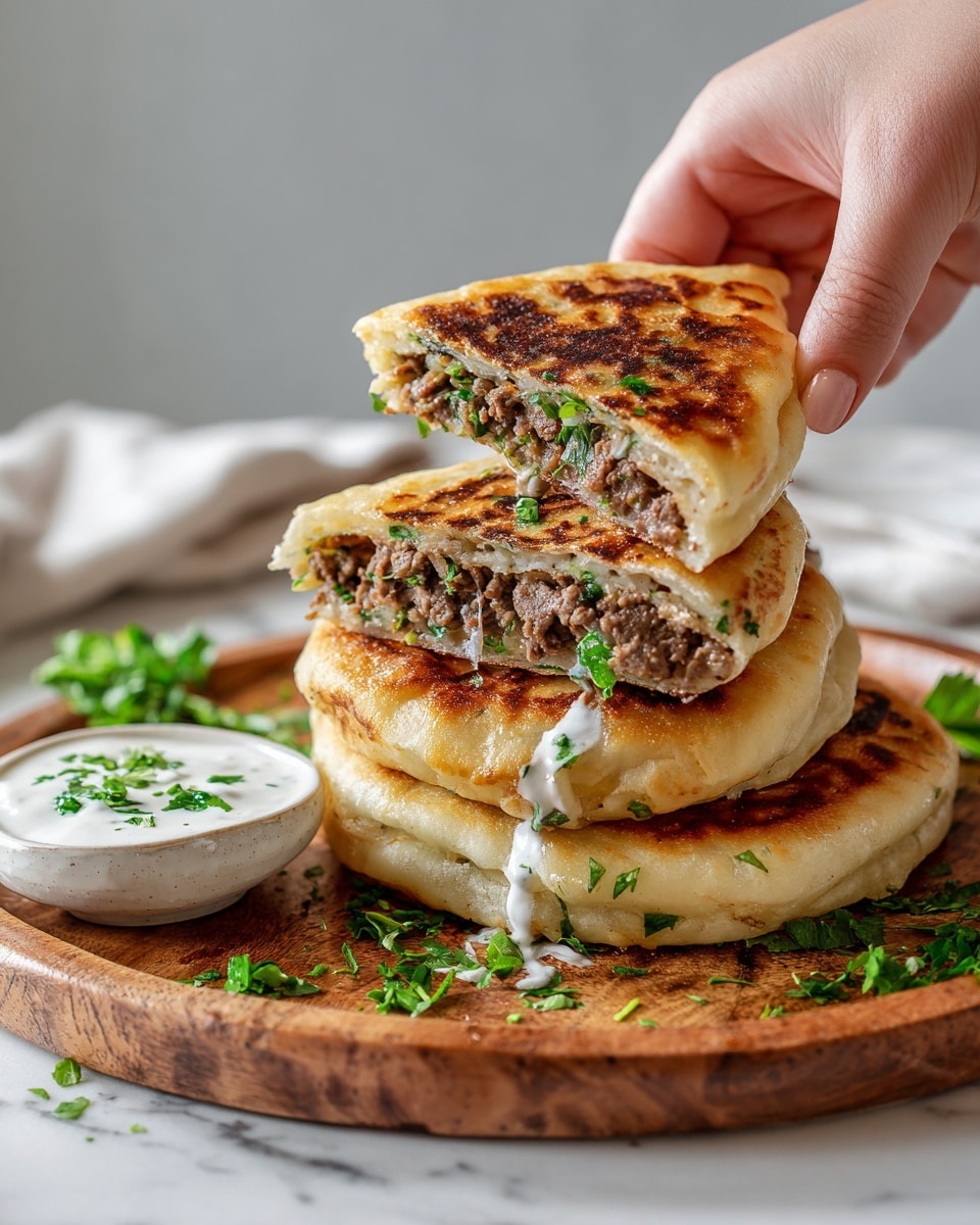 A stack of three golden brown, crispy flatbreads are cut in halves to reveal a thick layer of finely ground, cooked beef mixed with fresh green herbs inside each piece. The flatbreads have a light, slightly fluffy texture with a well-toasted top surface showing a mottled brown pattern. The pieces are arranged on a round wooden plate with some bright green herb leaves scattered around. Next to the flatbreads sits a small white bowl filled with smooth white yogurt sauce topped with chopped herbs. A woman's hand is holding the top flatbread half, lifting it to show the filling inside. The scene is set on a white marbled surface with soft natural lighting. photo taken with an iphone --ar 4:5 --v 7