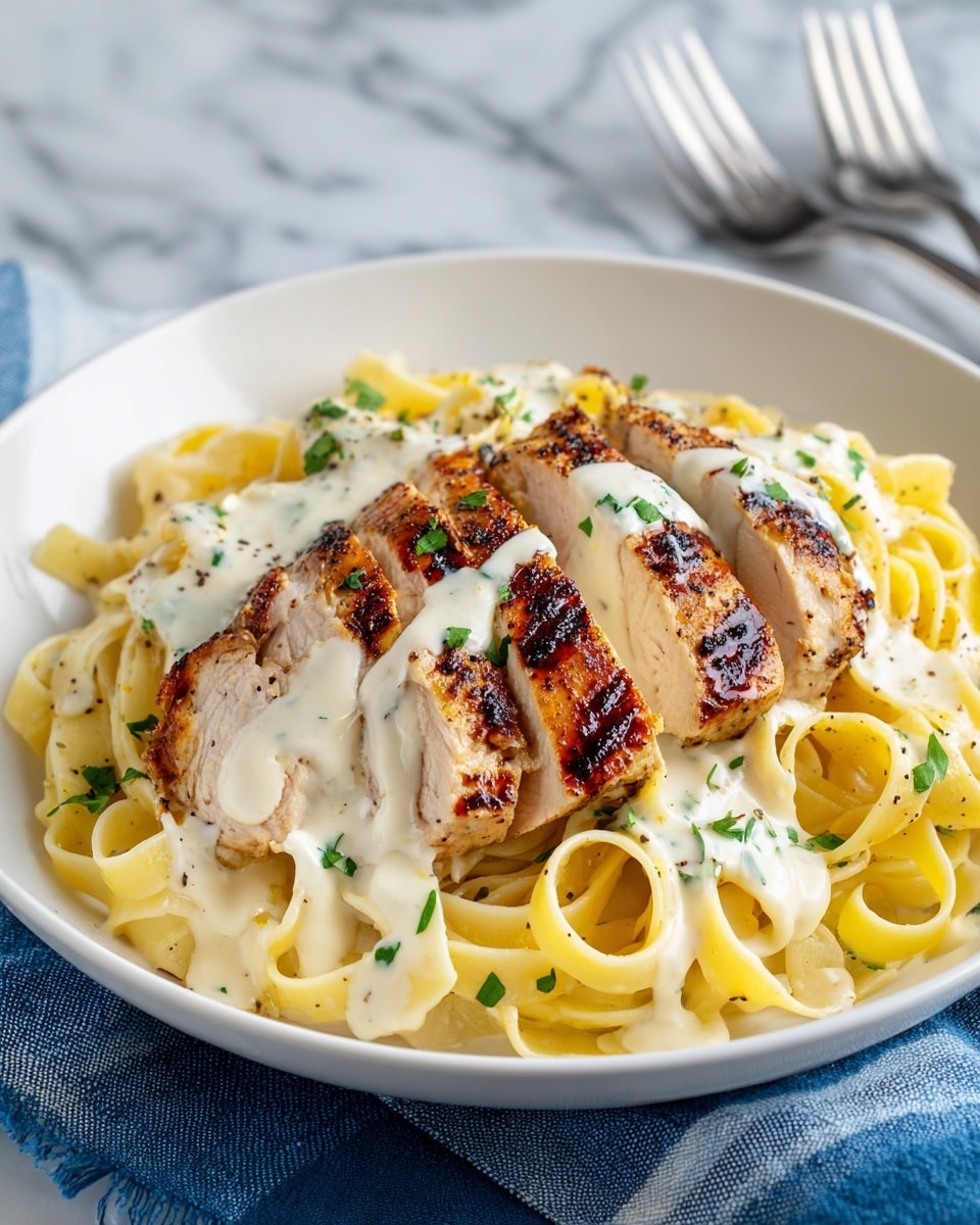 A white plate holds a bed of creamy fettuccine pasta that's light yellow in color with a smooth and slightly glossy texture, sprinkled with small green herb bits and black pepper. On top, there are several slices of grilled chicken breast that have a golden brown color with charred marks, showing a juicy texture inside. Drizzled over the chicken is a thick, white sauce with a smooth consistency, lightly garnished with green herbs. The plate is set on a white marbled surface with a blue and white cloth nearby, and a silver fork is placed behind the plate. photo taken with an iphone --ar 4:5 --v 7