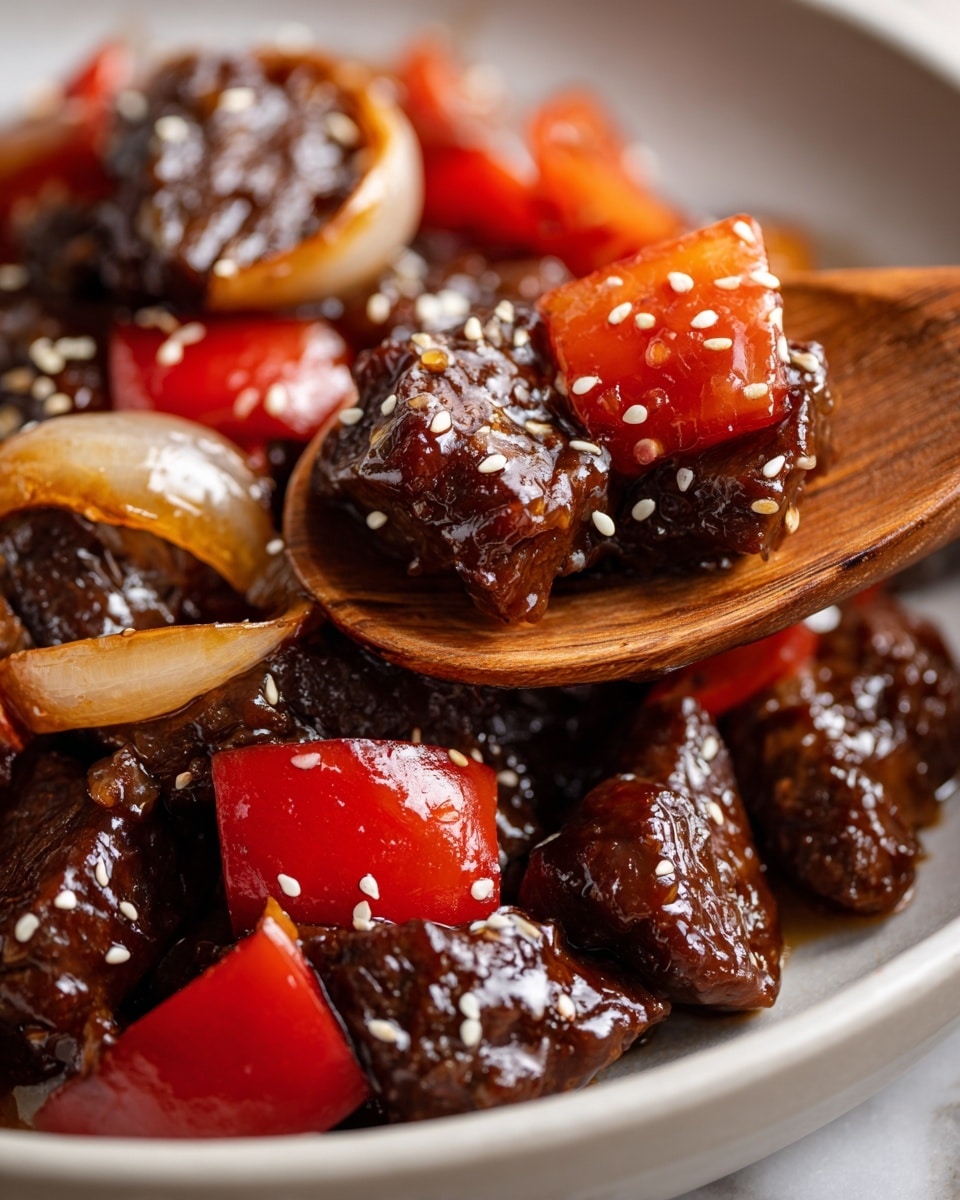 A close-up of pieces of dark brown beef coated in a shiny, thick sauce, mixed with bright red bell pepper chunks and translucent caramelized onion rings, all sprinkled with small white sesame seeds. A wooden spoon lifts one piece of beef with an onion ring and a red pepper piece, showing the glossy texture of the dish. The background is a white marbled texture. photo taken with an iphone --ar 4:5 --v 7