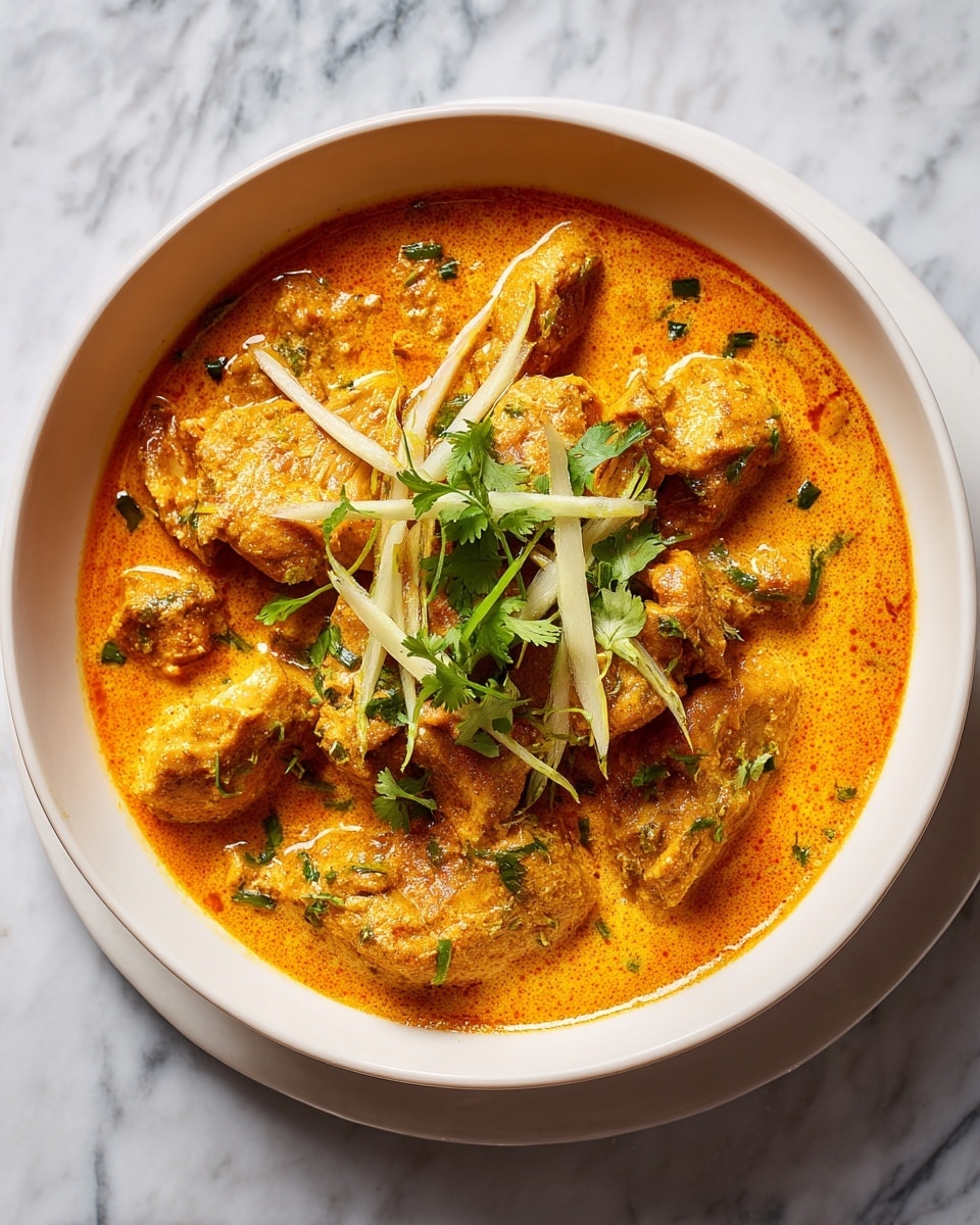 The image shows a white shallow bowl filled with a rich, creamy orange curry with visible chunks of chicken coated in the sauce. The curry has small green pieces of herbs and some sliced green chili mixed within. On top, thin pale yellow strips of ginger and fresh green cilantro leaves are placed as garnish. The bowl is placed on a white marbled surface, and the curry looks thick and smooth with an inviting texture. photo taken with an iphone --ar 4:5 --v 7