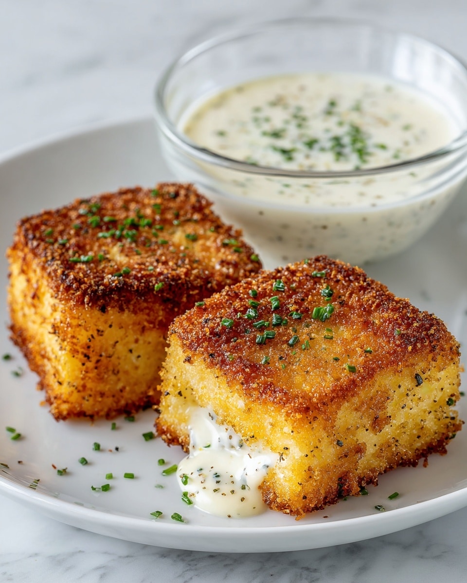 Two golden brown breaded squares with a crispy texture on the outside are placed side by side on a white plate. The front square shows a creamy, white filling with small black and green bits visible inside, suggesting herbs or spices mixed in. Both squares are sprinkled with small green herb pieces on top. Behind the squares, there is a clear glass bowl filled with a smooth, creamy white sauce that has a few green herb bits sprinkled on the surface. The plate sits on a white marbled surface. photo taken with an iphone --ar 4:5 --v 7