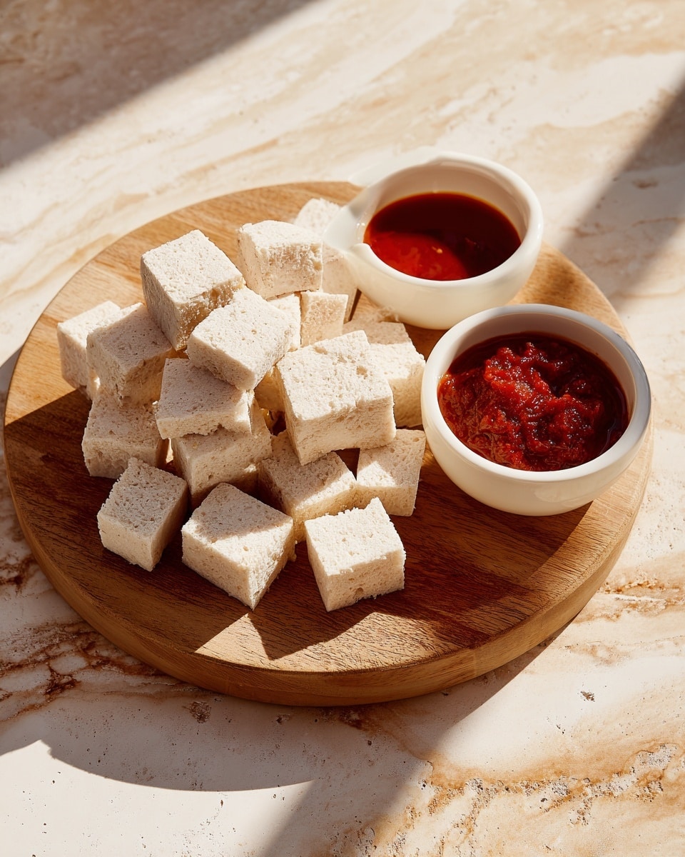 A round wooden board holds about 20 pieces of light beige, rough-textured cubes stacked unevenly in the center. Around the board, two small white bowls sit on a white marbled surface, one filled with a smooth, shiny red sauce and the other with a chunkier, darker red sauce. The overall setting is bright with natural light highlighting the texture and colors. photo taken with an iphone --ar 4:5 --v 7