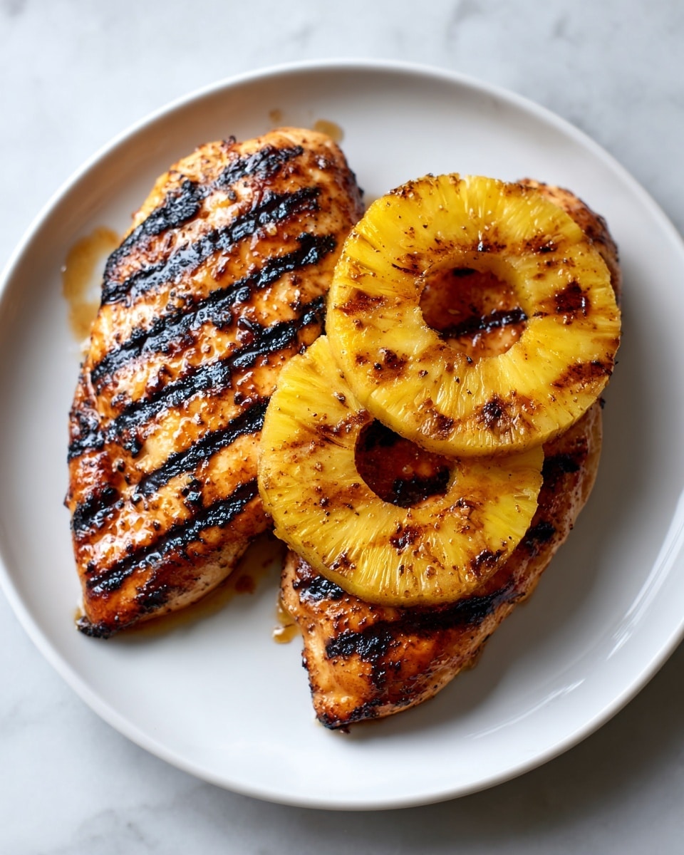 A white plate holds two grilled chicken breasts, each topped with two grilled pineapple rings. The chicken has a golden brown color with distinct black grill marks running across the surface, showing a slightly charred and glazed texture. The pineapple rings are bright yellow with dark grill marks and a caramelized shine, sitting flat on top of the chicken. The plate is placed on a white marbled textured surface, with a bit of light reflecting off the glazed chicken and pineapples. photo taken with an iphone --ar 4:5 --v 7