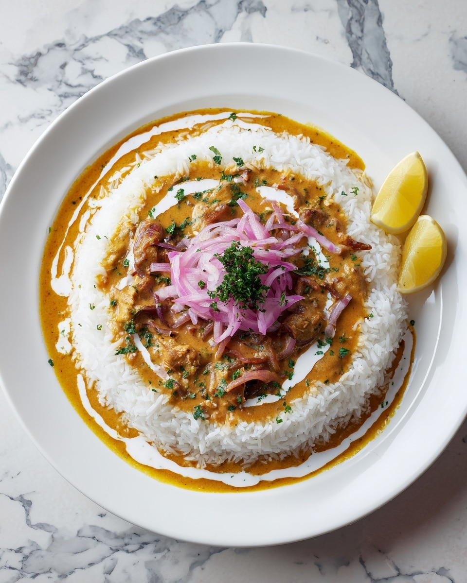 A white plate on a white marbled surface holds a round bed of white rice around the edge. In the center, there is a thick orange curry with a creamy texture and small pieces of meat. The curry is topped with a swirl of white sauce, some green chopped herbs, and a small pile of thinly sliced purple onions in the middle. Two lemon wedges sit on the right side of the plate. Photo taken with an iphone --ar 4:5 --v 7