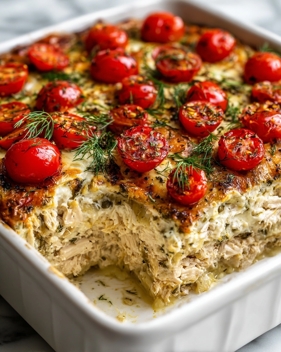 A close-up of a thick, creamy casserole with visible layers of cooked chicken mixed with herbs and spices, topped with whole bright red cherry tomatoes scattered evenly across the surface. Fresh green dill sprigs are spread over the top, adding color and texture. The dish is in a white rectangular pan placed on a white marbled surface, showing a portion already cut out to reveal the mixed inside layers of chicken, onions, and creamy sauce. The texture looks soft and rich with a golden baked surface under the tomatoes. Photo taken with an iphone --ar 4:5 --v 7