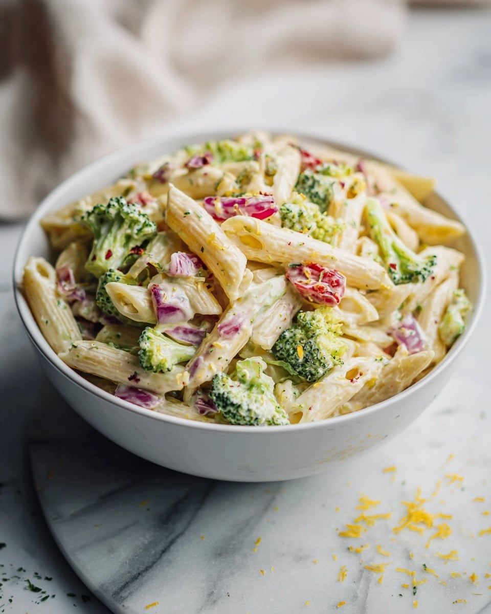 The image shows a white bowl filled with a creamy pasta salad placed on a white marbled surface. The salad has penne pasta mixed with green broccoli florets, small red tomato pieces, and bits of purple onion. The creamy sauce coats the pasta and vegetables evenly with a slightly thick texture. There are some light yellow pieces, likely cheese or corn, scattered throughout the salad adding contrast. Around the bowl on the white marbled surface, there are small crumbs or grated cheese bits giving a fresh look. The background is softly blurred with natural light, making the colors of the salad stand out. photo taken with an iphone --ar 4:5 --v 7