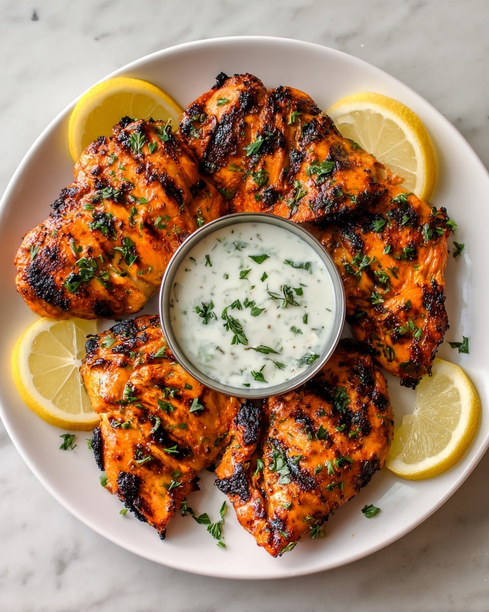 A white plate holds six pieces of grilled chicken, each with a charred, crispy outer layer showing deep orange and blackened patches from the marinade. The chicken is sprinkled with chopped green herbs, adding a fresh contrast on top. In the middle of the plate, there is a small round metal bowl filled with creamy white sauce, garnished with finely chopped green herbs. Two lemon wedges, bright yellow, are placed on opposite sides of the plate for decoration and added color. The plate sits on a white marbled surface, enhancing the vibrant colors of the food. Photo taken with an iphone --ar 4:5 --v 7