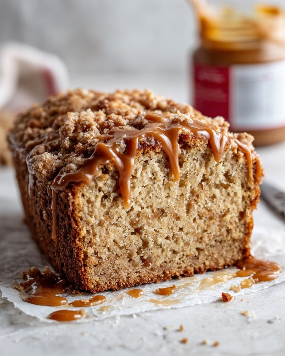 A thick slice of moist banana bread shows a soft, light brown crumb with darker specks inside, indicating banana bits throughout. The top of the bread is covered with a crumbly, rough-textured streusel layer in medium brown, unevenly spread and drizzled with a smooth, shiny caramel-colored glaze. The bread rests on white parchment paper with some crumbs and glaze drips around it, placed on a white marbled surface. In the background, a jar of caramel spread is slightly blurred, with a white lid and red label visible. Photo taken with an iphone --ar 4:5 --v 7