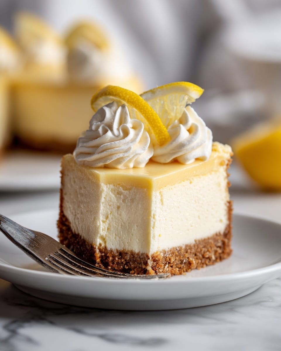 The image shows a single slice of cheesecake on a white plate, which rests on a white marbled surface. The cheesecake has three clear layers: the bottom layer is a thick, crumbly brown crust, the middle layer is a smooth, creamy pale yellow cheesecake filling, and the top layer is a thin, light-colored glaze. On top of the cheesecake are two small swirls of white whipped cream, each decorated with a thin slice of lemon. A woman's hand is reaching from the left side, holding a fork that is gently touching the edge of the cheesecake. The background is softly blurred, highlighting the dessert in the foreground. photo taken with an iphone --ar 4:5 --v 7