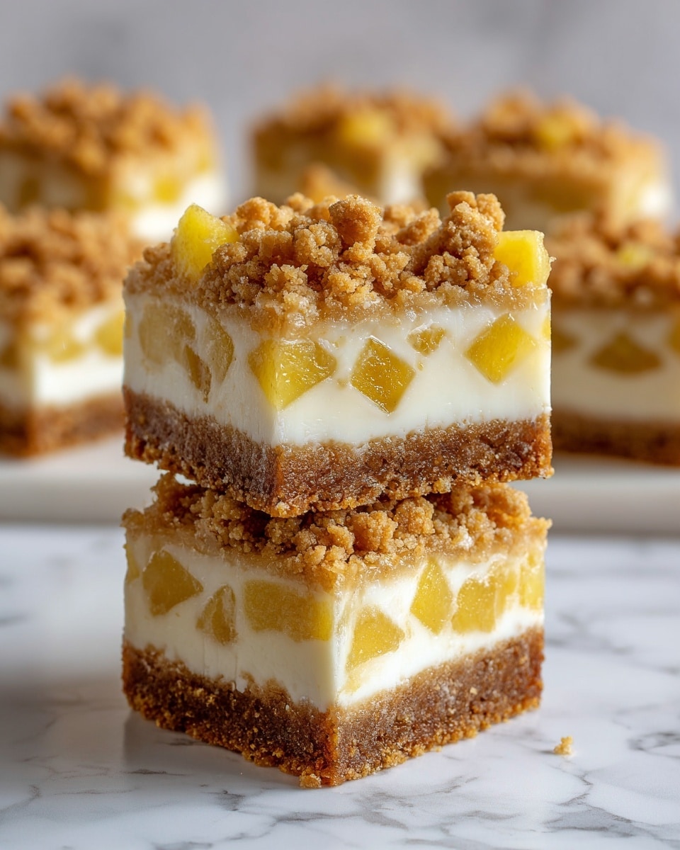 The image shows three square dessert bars stacked on each other. Each bar has three clear layers: the bottom layer is a crumbly brown crust, the middle layer is smooth white cream with pieces of yellow fruit mixed in, and the top layer is a crunchy brown crumb topping with more yellow fruit chunks scattered throughout. The bars appear soft in the cream part and slightly rough and textured in the crust and crumb layers. The background is a white marbled surface with more dessert bars blurred in the back. Photo taken with an iphone --ar 4:5 --v 7