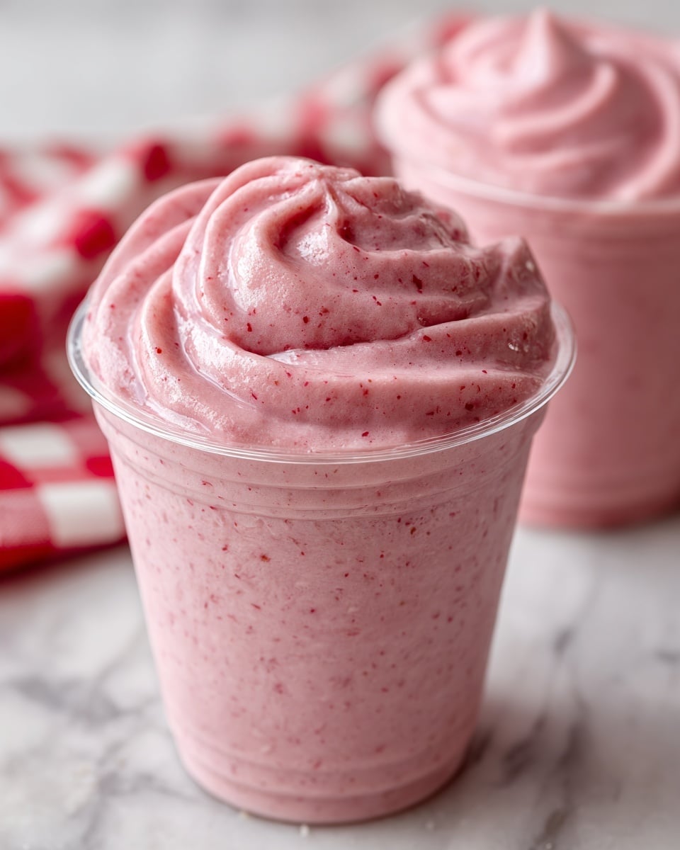 A clear plastic cup filled with thick, creamy pink smoothie that has a textured surface with tiny bits visible throughout. The smoothie is swirled in a spiral pattern with a raised peak on top. The cup is placed on a table with a white marbled texture and a corner of a red and white checkered cloth partially visible. Another similar cup is blurred in the background. photo taken with an iphone --ar 4:5 --v 7
