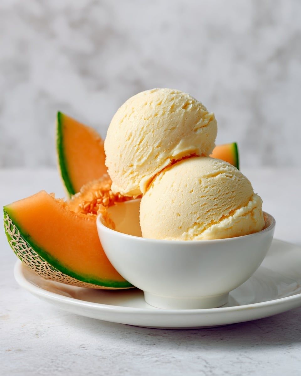 The image shows two rounded scoops of creamy pale yellow ice cream in a small white bowl placed on a white plate with a single wedge of orange cantaloupe melon resting on the plate's edge; the ice cream texture looks smooth and slightly fluffy, while the melon wedge has a shiny surface with green rind and bright orange flesh. The background is a white marbled texture. photo taken with an iphone --ar 4:5 --v 7