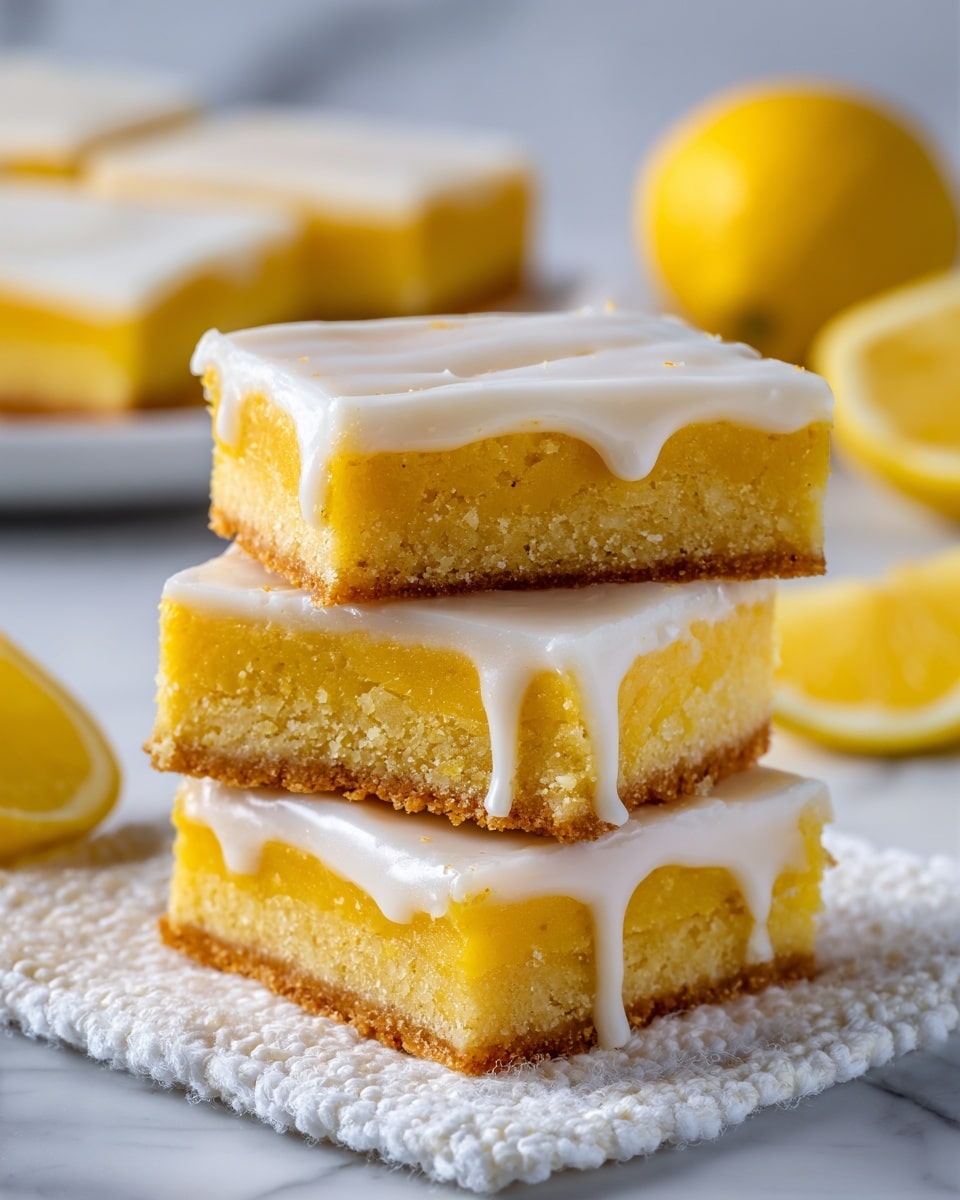 The image shows three square lemon bars stacked on top of each other. Each bar has two layers: a thick, crumbly yellow base and a glossy, smooth white layer of icing on top that slightly drips down the sides. The bars are placed on a white marbled surface with a white textured cloth nearby. In the background, more lemon bars are visible on a white plate, slightly blurred. The scene is bright with soft lighting highlighting the texture and color of the bars. Photo taken with an iphone --ar 4:5 --v 7