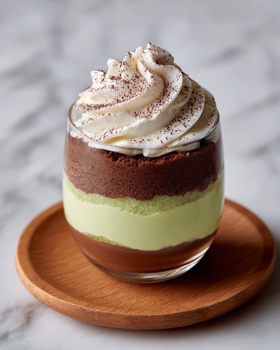 The image shows a dessert in a clear glass cup placed on a round wooden board, against a white marbled surface. The dessert has five visible layers starting from the bottom: a dark brown smooth chocolate layer, followed by a pale green creamy layer, then another dark brown chocolate layer, another pale green creamy layer, and topped with a swirl of white whipped cream sprinkled with a light dusting of cocoa powder. The layers are even and distinct, giving the dessert a rich and creamy look. Photo taken with an iphone --ar 4:5 --v 7