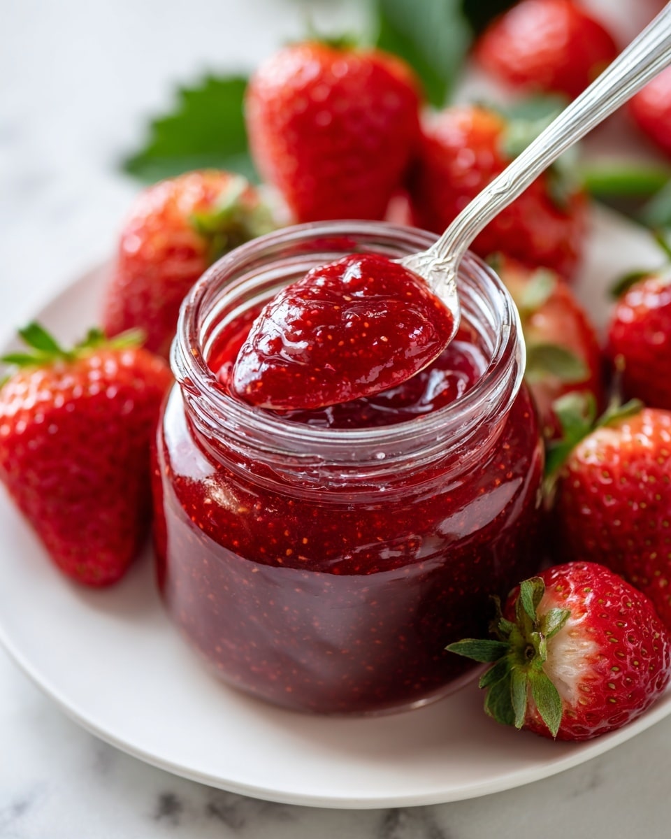 A close-up of a small clear glass jar filled with thick, glossy red strawberry jam showing visible tiny seeds and fruit bits, with a silver spoon partially dipped inside. The jar sits on a white plate surrounded by several whole fresh red strawberries with bright green leaves. The background has a soft focus of green leaves and more strawberries, all placed on a white marbled texture. photo taken with an iphone --ar 4:5 --v 7