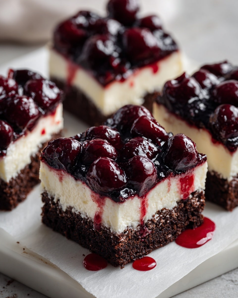 The image shows three pieces of a layered dessert placed on white parchment paper. Each piece has a dark brown, moist-looking cake base with a dense texture. On top of the cake layer, there is a thick, creamy white layer, which is then covered by a glossy deep red-purple topping with grape-like fruits embedded on the surface. The topping looks juicy and slightly sticky, with syrup dripping around the base of the pieces. In the blurred background, white dishes contain more of the red fruit topping and fresh berries. The surface beneath the parchment paper is a white marbled texture. photo taken with an iphone --ar 4:5 --v 7