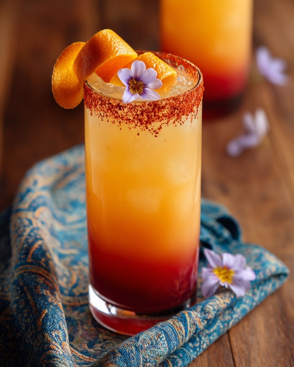 A tall clear glass filled with a drink that has three color layers: a red layer at the bottom, a bright orange layer in the middle, and a light orange layer at the top. The rim of the glass is coated with red chili powder. On the glass edge sits a curled orange peel, and a small white flower decorates the drink near the peel. The glass is placed on a warm brown wooden surface next to a blue and white patterned cloth, with another similar drink blurred in the background. Photo taken with an iphone --ar 4:5 --v 7