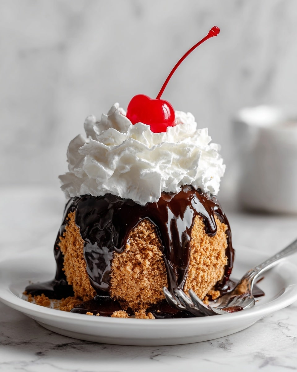 A single round dessert ball covered in light brown crumb coating sits on a white plate with a silver fork beside it, topped with thick dark chocolate sauce that drips down the sides, a layer of white whipped cream crowns the top, and a bright red cherry sits on the whipped cream peak. The background is a white marbled texture. Photo taken with an iphone --ar 4:5 --v 7