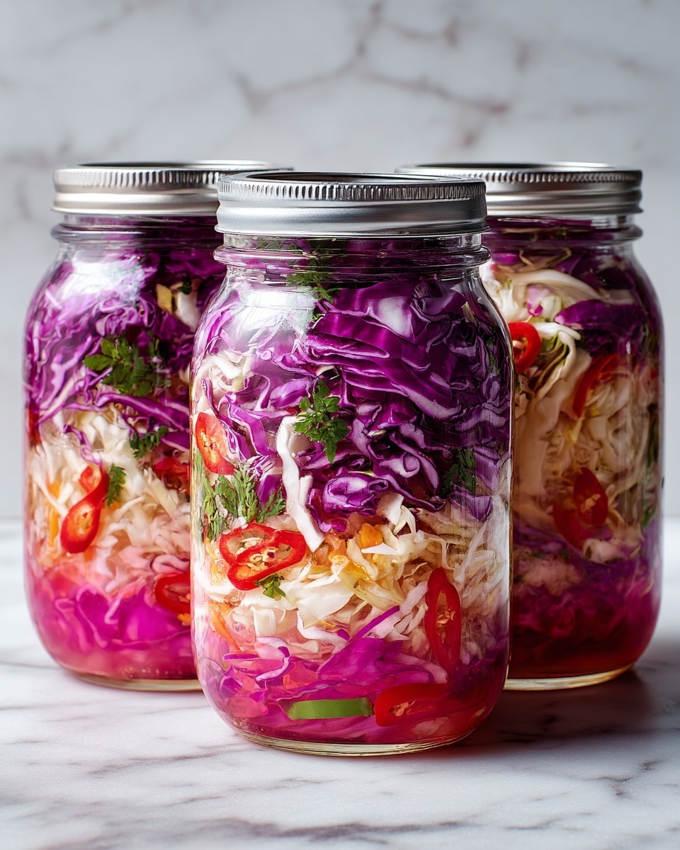 The image shows three clear glass jars filled with colorful pickled vegetables. Each jar has layers of shredded purple and white cabbage, thin slices of red chili peppers, and small pieces of green herbs. The vegetables are tightly packed and mixed together, creating a rich texture with bright pink and red liquid at the bottom. The jars have silver metal lids and are placed on a surface with a white marbled texture. The vibrant colors of the vegetables contrast with the clear glass and metal lids, making the jars look fresh and appetizing. Photo taken with an iphone --ar 4:5 --v 7