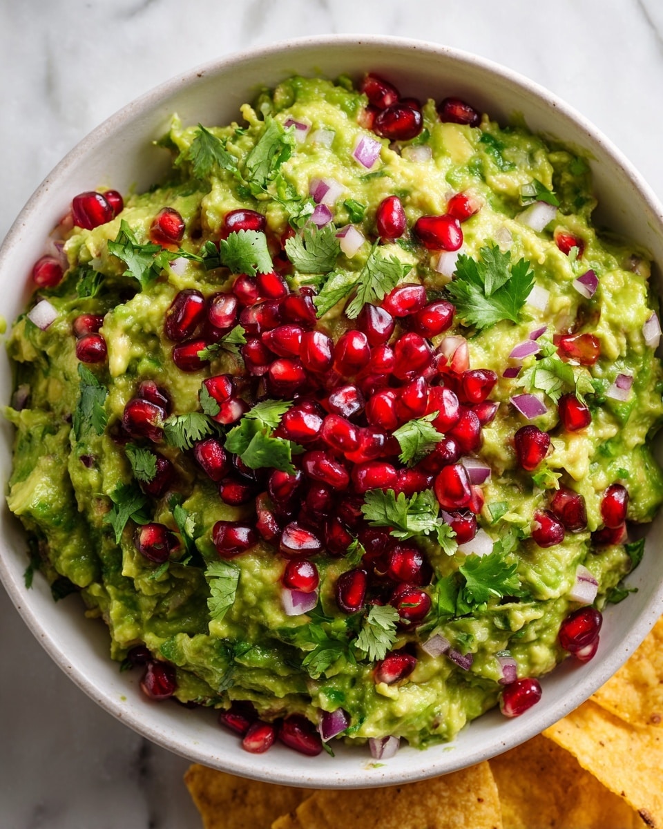 A white bowl filled with chunky green guacamole, showing bits of red onion mixed inside. On top, there is a thick layer of bright red pomegranate seeds scattered evenly. Fresh green cilantro leaves are placed around the edges for decoration. The bowl is set on a white marbled surface with some yellow tortilla chips partially visible at the bottom right corner. photo taken with an iphone --ar 4:5 --v 7