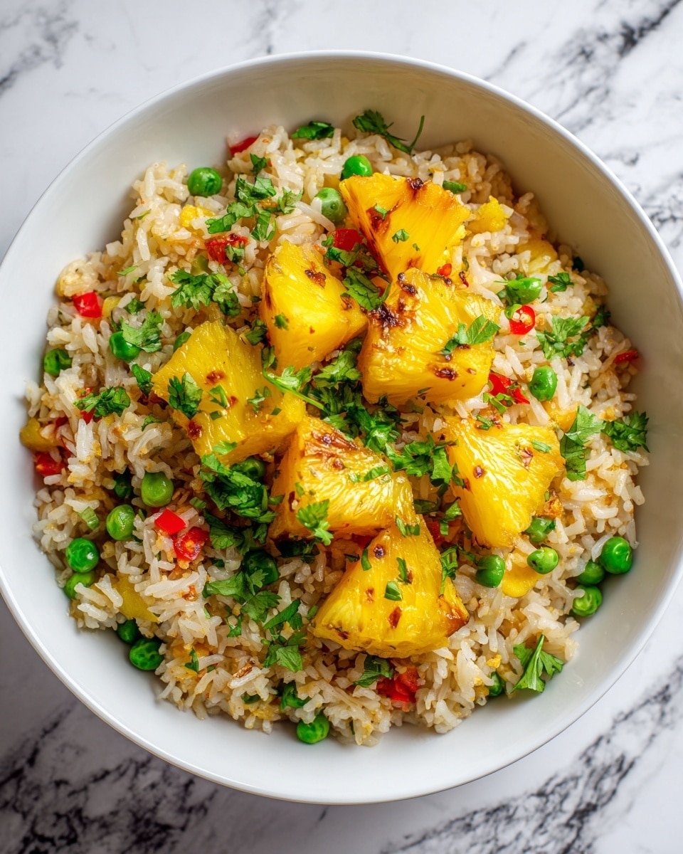 A bowl of fried rice with three main layers: the base is light golden-brown rice with a slightly oily texture, mixed with small green peas and bits of red bell pepper scattered throughout; on top of the rice are chunks of bright yellow pineapple pieces, shiny and moist; the dish is garnished with fresh green cilantro leaves sprinkled around and over the pineapple. The bowl is white and sits on a white marbled surface. photo taken with an iphone --ar 4:5 --v 7