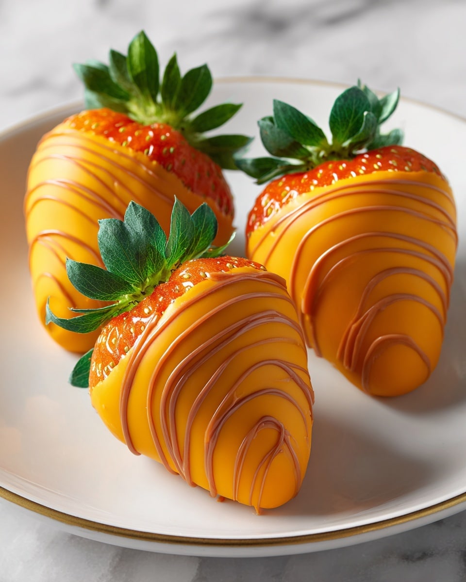 The image shows four strawberries covered in smooth orange chocolate. Each strawberry has thin, darker orange lines drizzled over the top, creating a striped effect. The green leaves on the strawberries are fresh and bright, adding a pop of color. The strawberries are placed closely together on a white rectangular plate set against a white marbled background. The overall look is clean and vibrant, with a shiny finish on the chocolate. Photo taken with an iphone --ar 4:5 --v 7