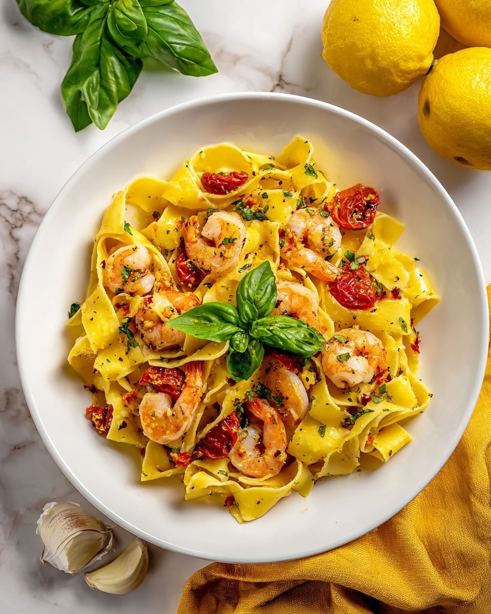 A white plate filled with wide, yellow pasta ribbons twisted and layered throughout, mixed with pinkish cooked shrimp scattered on top, and bright red roasted cherry tomatoes placed among the pasta. The dish is garnished with fresh green basil leaves in the center and sprinkled with small bits of herbs and black pepper. The plate is placed on a white marbled surface with a few garlic cloves in the lower right corner and a yellow cloth beneath the plate near the bottom left, with two whole lemons and big green basil leaves blurred in the background. photo taken with an iphone --ar 4:5 --v 7