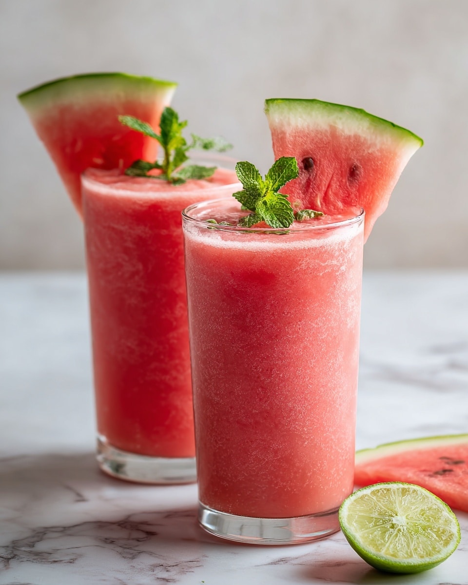 The image shows two clear glasses filled with a pink watermelon smoothie. Each glass is topped with a slice of watermelon and a small sprig of green mint leaves. The watermelon slices are bright red with a green rind, and you can see some black seeds in the smoothie. The glasses sit on a white marbled surface with a blurred light background. A small slice of lime is also visible near the bottom edge of the image. The overall look is fresh and colorful with soft natural lighting. photo taken with an iphone --ar 4:5 --v 7