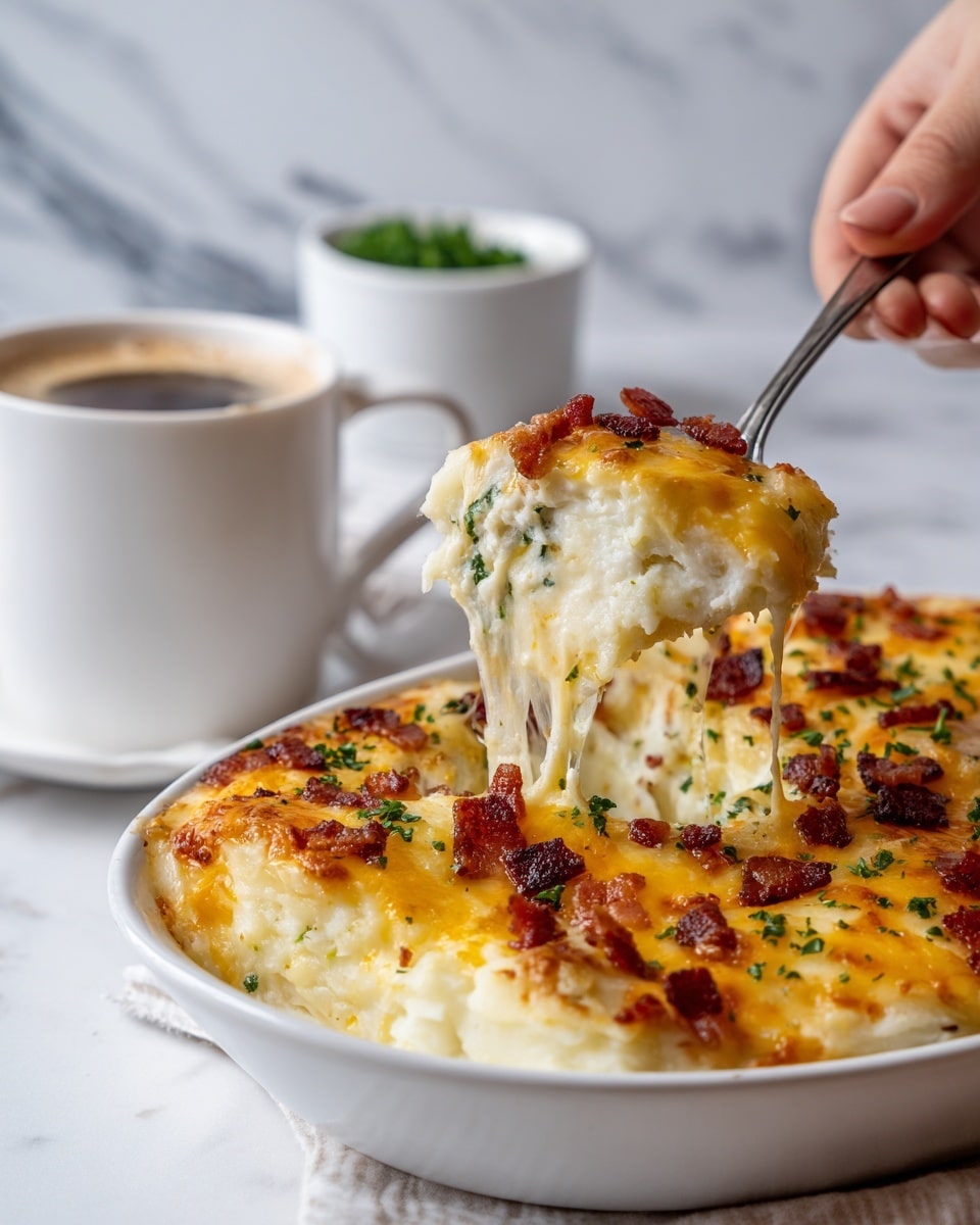 The dish is a close-up of a cheesy baked pile with three main layers visible: a golden brown crispy top layer with melted cheddar cheese and small chunks of crispy bacon, a thick middle layer of creamy, white sauce mixed with finely chopped green herbs, and a bottom layer that appears to be a slightly browned, soft base, possibly mashed potatoes or a casserole. The melted cheese stretches as a woman's hand lifts a portion with a silver serving spoon from a white bowl, revealing the gooey texture. The bacon bits and herbs are scattered generously on top, adding color contrast to the rich yellow and white layers. The background shows a white marbled surface with a blurred white cup containing green garnish. photo taken with an iphone --ar 4:5 --v 7