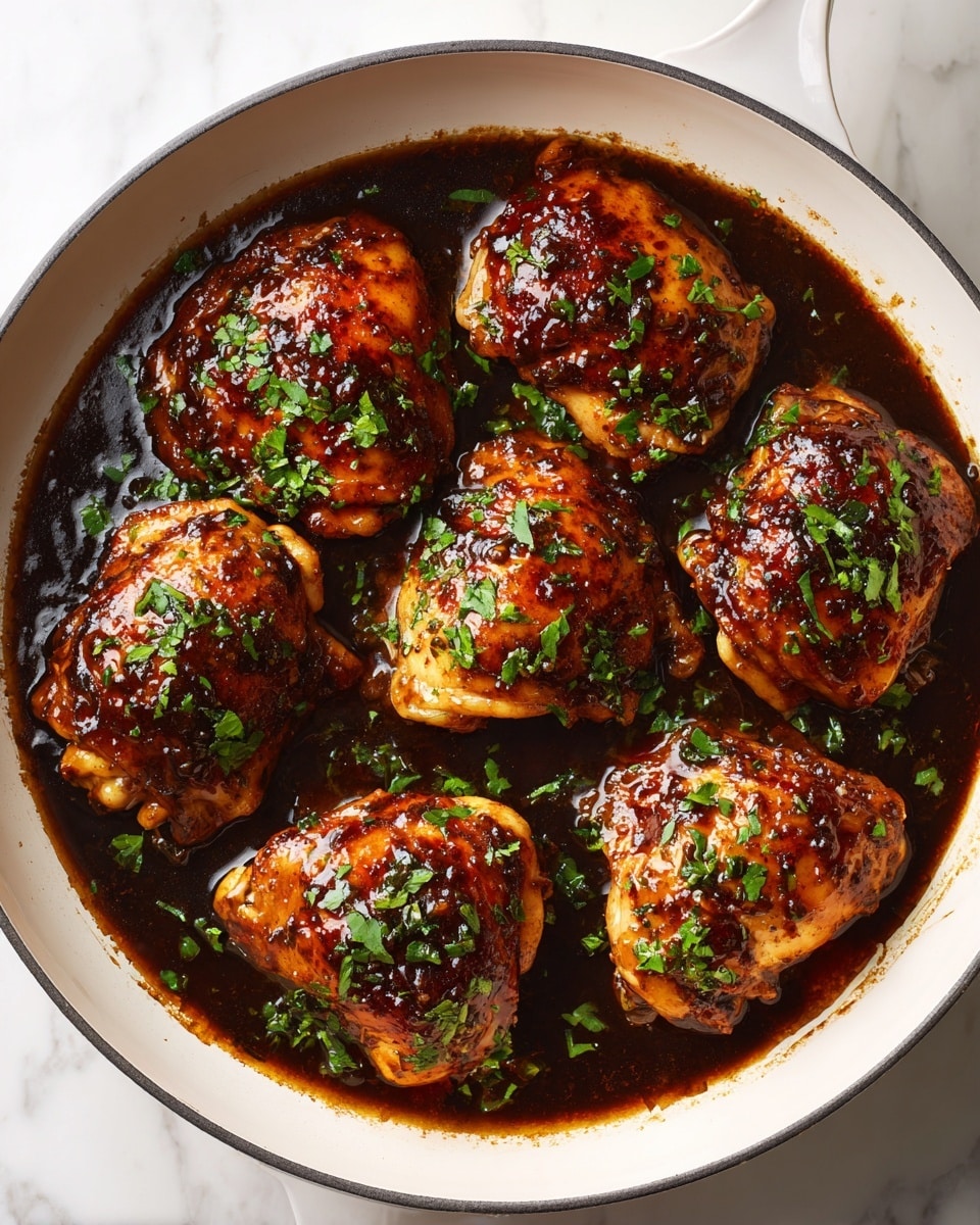 The image shows a white round pan filled with seven pieces of cooked chicken thighs covered in a thick, dark brown sauce. The chicken pieces have a shiny, glazed surface with bits of fresh green herbs sprinkled on top. The sauce pools at the bottom, giving a rich and glossy texture. The pan rests on a white marbled surface, adding a clean and bright contrast. photo taken with an iphone --ar 4:5 --v 7